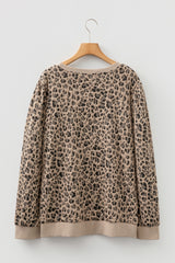Khaki Leopard Textured Ribbed Trim Crew Neck Plus Size Top