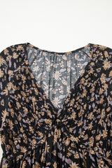 Floral Smocked V Neck Bubble Sleeve Babydoll Mini Dress