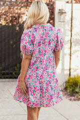 Pink Floral Collared Half Placket Mini Dress