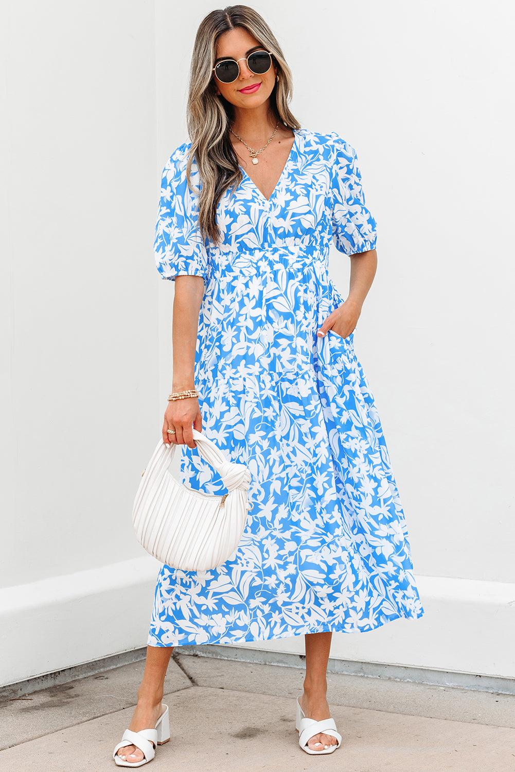 Sky Blue Floral V Neck Puff Short Sleeve Flowy Maxi Dress