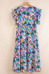 Blue Geometric Print Tiered Ruffle Sleeve Plus Size Maxi Dress
