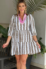 Dark Brown Contrast Floral V Neck Printed Bracelet Sleeve Mini Dress