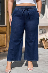 Real Teal Drawstring High Waist Wide Leg Plus Size Jeans