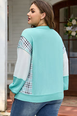 Aruba Blue Ribbed Colorblock Long Sleeve Plus Size Top
