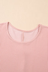 Corded Knit Crew Neck Puff Sleeve Shift Mini Dress