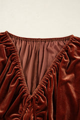 Clay Elastic V Neck Puff Sleeve Short Velvet Mini Dress