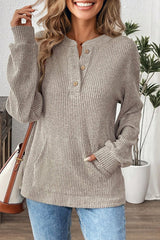 Ribbed Drop-Shoulder Henley Knit Top
