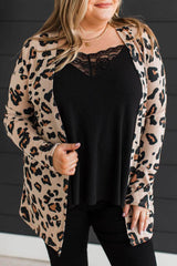 Khaki Leopard Print Long Sleeve V Neck Plus Size Cardigan