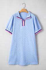 Beau Blue Textured Stripe Collared Plus Size Mini Dress