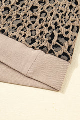 Khaki Leopard Textured Ribbed Trim Crew Neck Plus Size Top