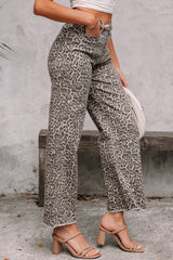 Leopard Frayed Hem Wide-Leg Jeans