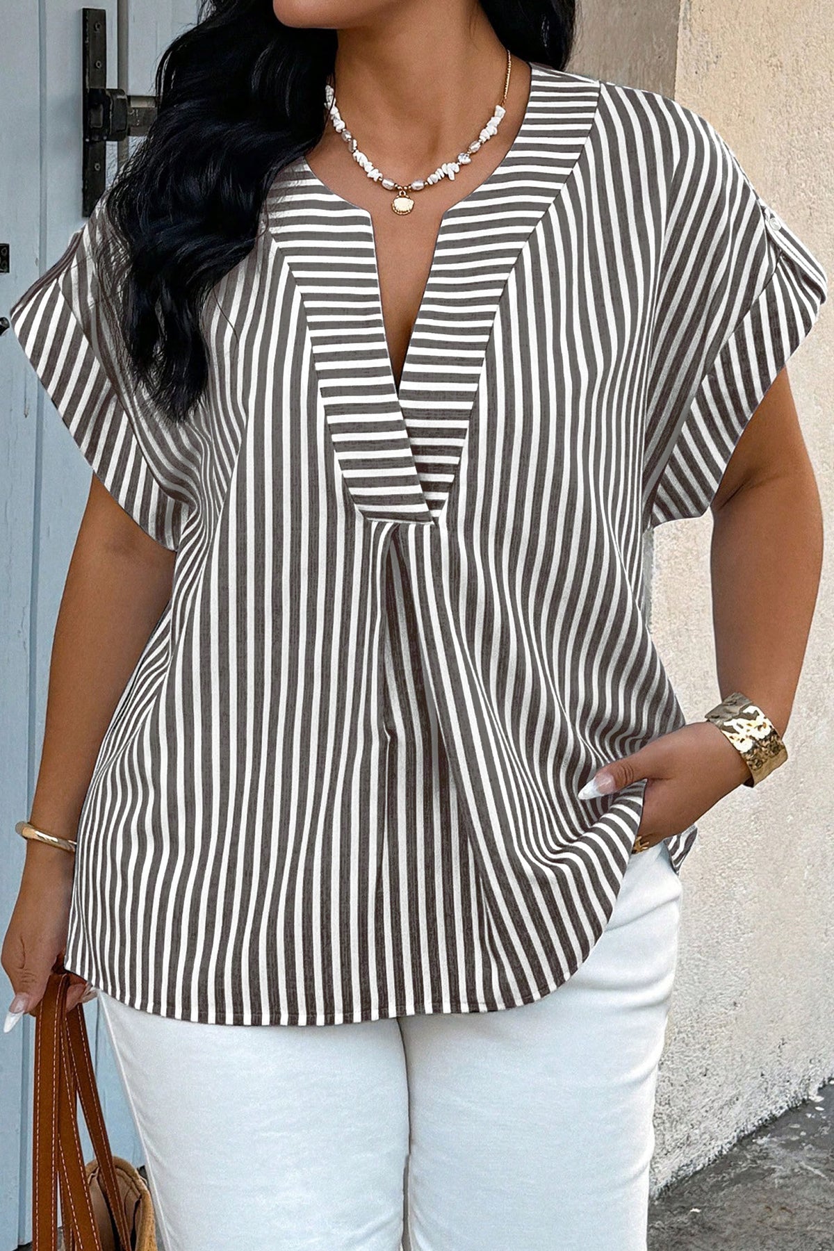 Black Stripe V-Neck Roll-Tab Dolman Sleeve Plus Size Blouse