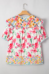 Pink Floral Striped Trim V-Neck Plus Size Blouse