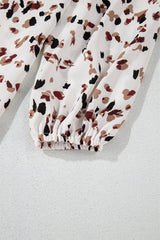 Leopard Lantern Sleeve Mock Neck Pleated Blouse
