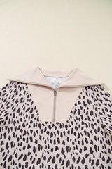 Khaki Leopard Print Zip up Collar Patchwork Shift Mini Dress