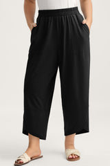 Black Elastic Waist Asymmetrical Hem Capri Plus Size Pants