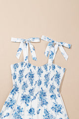 Sky Blue Floral Print Shirred Knot Shoulder Sleeveless Midi Dress