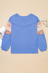 Floral Patchwork Exposed Seam Long Sleeve Plus Size Top