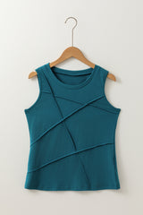 Blue Sapphire Solid Colour Stitching Detail Round Neck Top