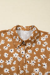 Khaki Daisy Print Puff Sleeve Mini Plus Size Dress