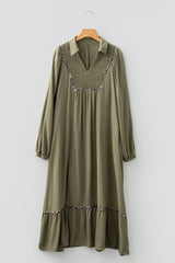Collared V Neck Smocked Detail Contrast Leopard Trim Midi Dress