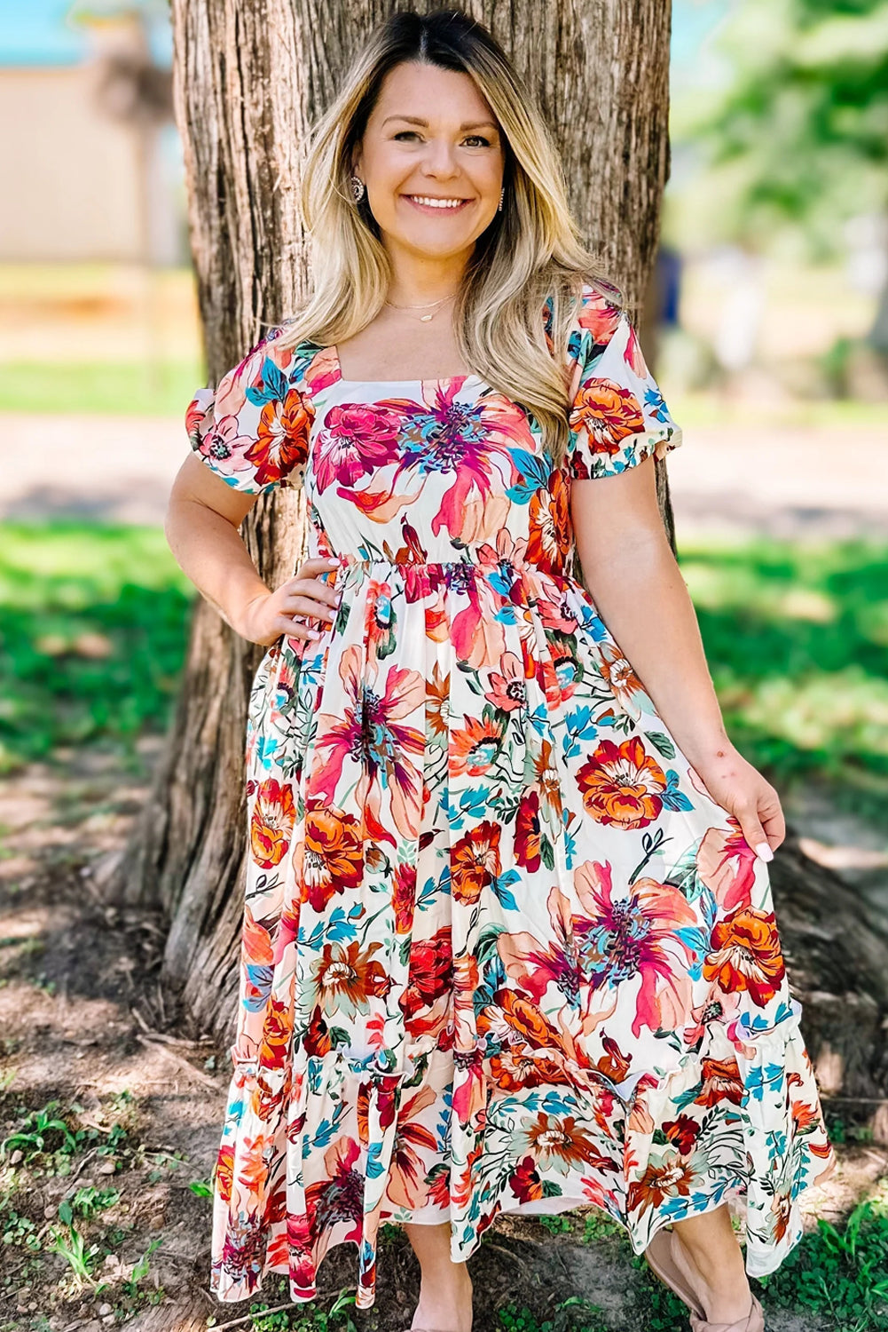 White Floral Puff Sleeve Square-Neck Plus Size Maxi Dress