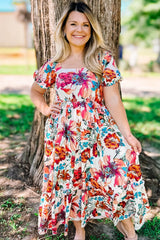 White Floral Puff Sleeve Square-Neck Plus Size Maxi Dress