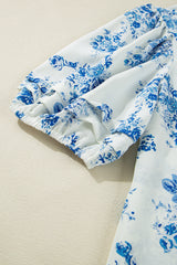 Blue Floral Tiered Puff Sleeve Pleated Bust Buttoned Blouse