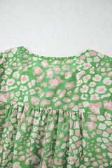Green Floral Puff Sleeve Tassel Tie Plus Size Blouse