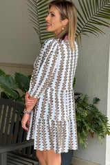 Dark Brown Contrast Floral V Neck Printed Bracelet Sleeve Mini Dress