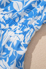 Sky Blue Floral V Neck Puff Short Sleeve Flowy Maxi Dress