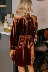 Clay Elastic V Neck Puff Sleeve Short Velvet Mini Dress