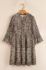 Khaki Leopard 3/4 Sleeve V Neck Swing Mini Dress