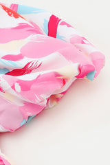 Pink Brush Stroke Printed Smocked Ruffle Tiered Midi Dress