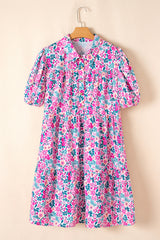 Pink Floral Half Button Puff Sleeve High Waist Plus Size Mini Dress