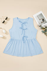 Solid Colour Bow-Tie Peplum Sleeveless Plus Size Top