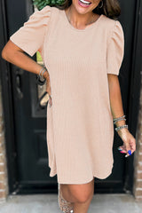 Corded Knit Crew Neck Puff Sleeve Shift Mini Dress
