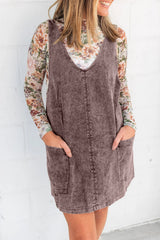 Vintage Washed Brown Denim V-Neck Pinafore Mini Dress