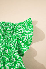 Green Floral Flutter Sleeve Shirred Notched Neck Plus Size Blouse