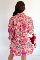 Red Fall Floral Print Collared Long Sleeve Mini Dress