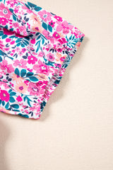 Pink Floral Half Button Puff Sleeve High Waist Plus Size Mini Dress