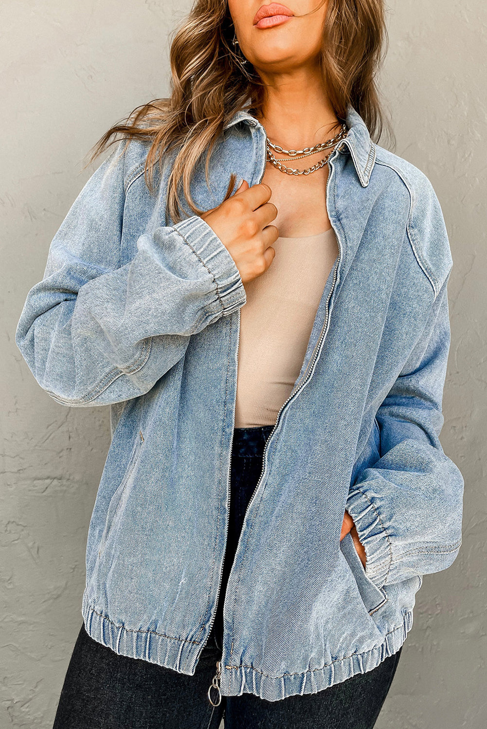 Myosotis Stretch-Edge Zip Denim Pocket Jacket