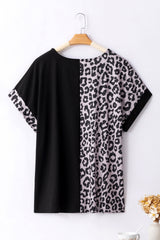 Black Leopard Patchwork Plus Size Blouse