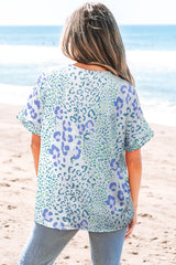 Light Blue Leopard Print V Neck short sleeve Blouse