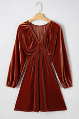 Clay Elastic V Neck Puff Sleeve Short Velvet Mini Dress
