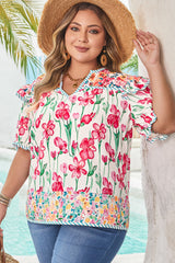 Pink Floral Striped Trim V-Neck Plus Size Blouse