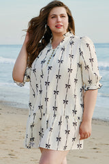 Apricot Bow Print Puff Sleeve Ruffle Mini Plus Size Dress