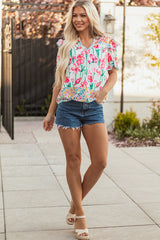 Pink Floral V-Neck Blouse