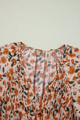 Floral Smocked V Neck Bubble Sleeve Babydoll Mini Dress