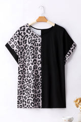 Black Leopard Patchwork Plus Size Blouse